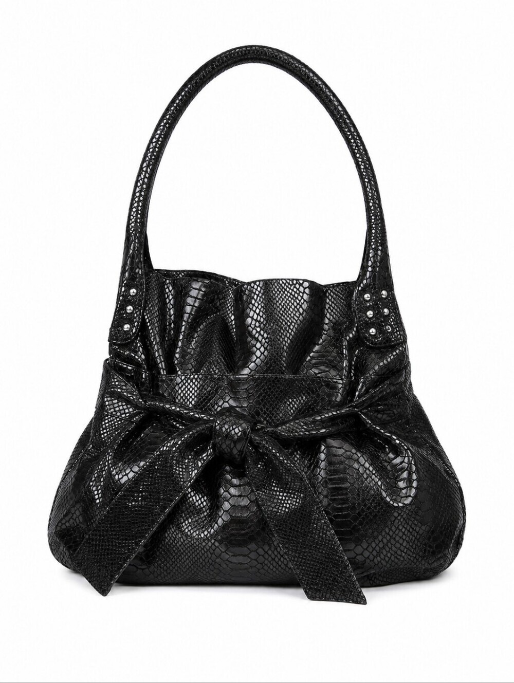 PERLINA Large Black Leather Python Snakeskin Bow Hobo Shoulder Bag